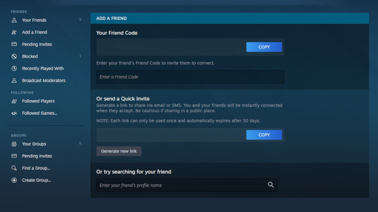 صفحهٔ واقعی Quick Invite در Steam روی کامپیوتر با لینک نمونهٔ محوشده و دکمه‌های ساخت و کپی لینک
