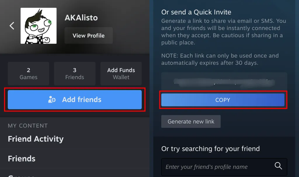 رابط واقعی Steam Mobile برای Add friends و لینک Quick Invite؛ لینک نمونه محوشده است
