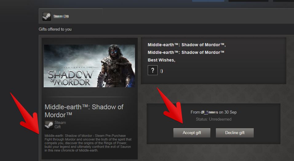 صفحهٔ واقعی هدیه در Steam Client با دکمه‌های Accept gift و Decline gift