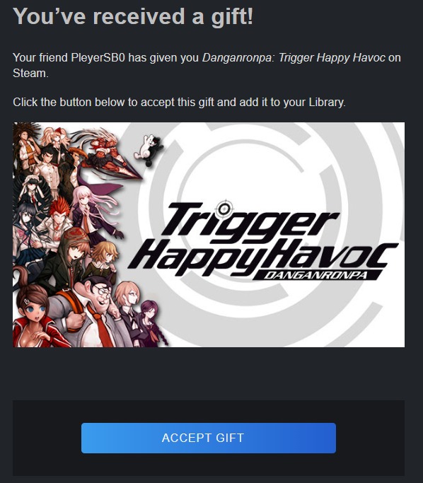 نمونهٔ واقعی ایمیل هدیه Steam با دکمهٔ Accept Gift؛ نام بازی و فرستنده نمونه‌اند