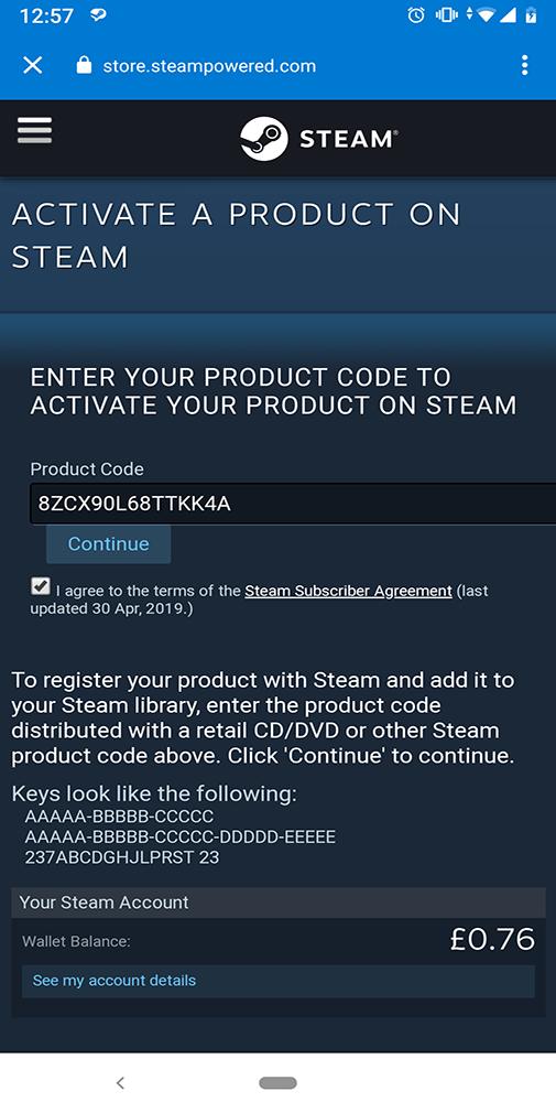 فرم واقعی ثبت Steam CD Key در مرورگر موبایل