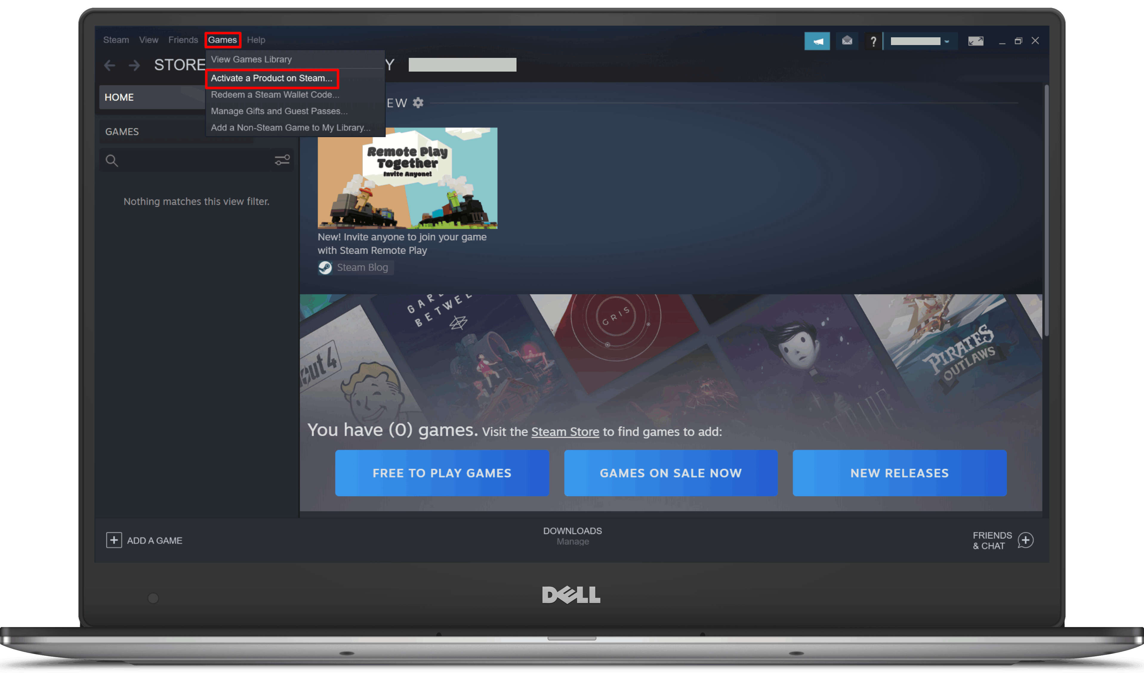 منوی واقعی Steam روی کامپیوتر با گزینهٔ Activate a Product on Steam
