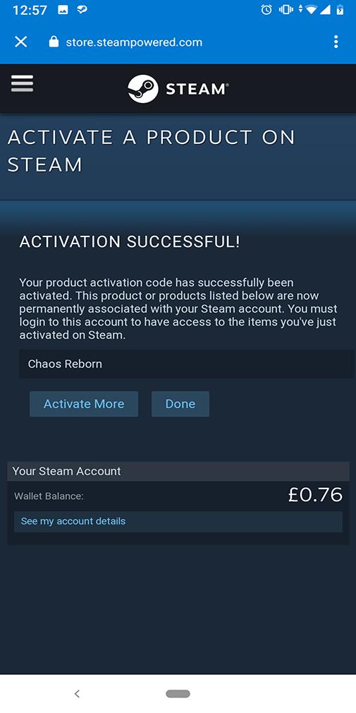پیام واقعی اضافه‌شدن محصول پس از ثبت Steam CD Key در موبایل