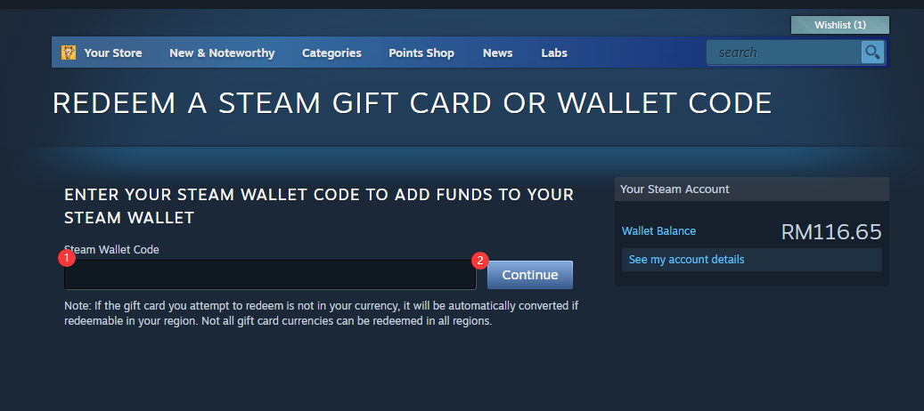 صفحهٔ واقعی واردکردن Steam Wallet Code در Steam روی کامپیوتر