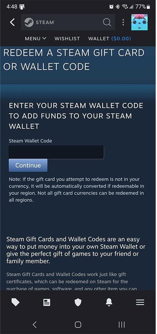 صفحهٔ واقعی واردکردن Steam Wallet Code در برنامه Steam موبایل