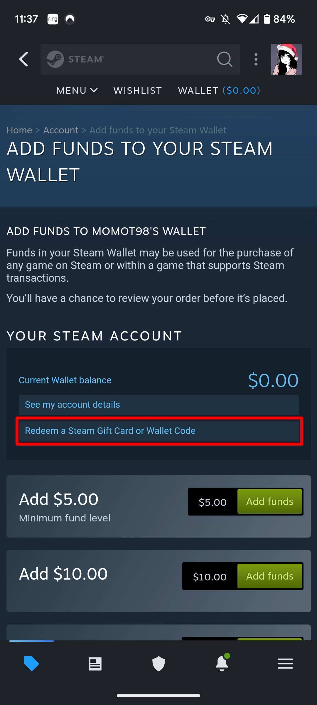 صفحهٔ واقعی Wallet در برنامه Steam موبایل و محل انتخاب Redeem a Steam Gift Card or Wallet Code