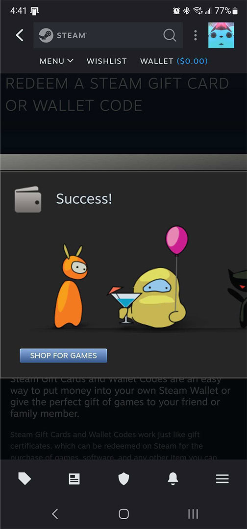 نمای واقعی موبایل از صفحهٔ Steam همراه با پیام موفقیت شارژ Wallet