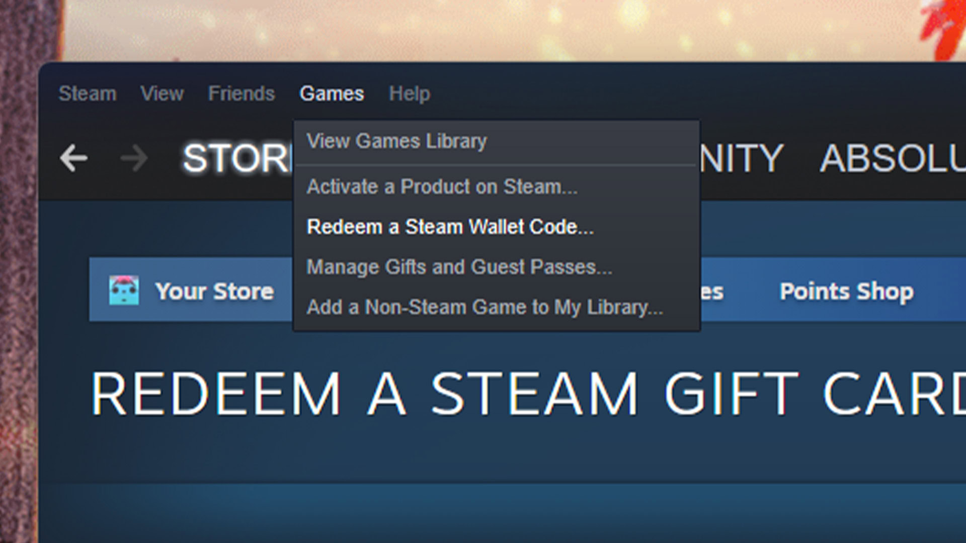 منوی واقعی برنامه Steam روی کامپیوتر و مسیر Redeem a Steam Wallet Code