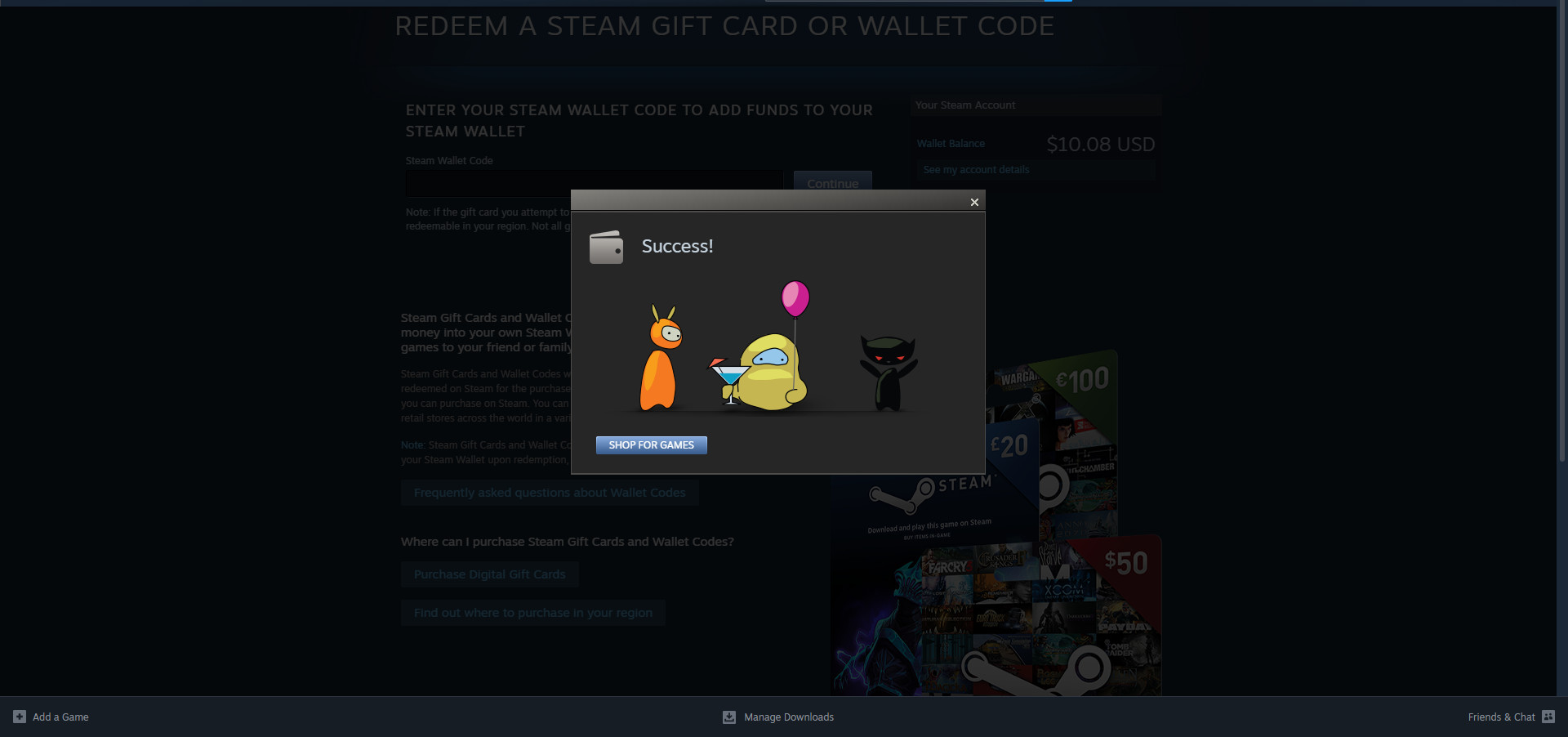صفحهٔ واقعی Steam پس از شارژ Wallet همراه با پیام Success و موجودی به‌روزشده